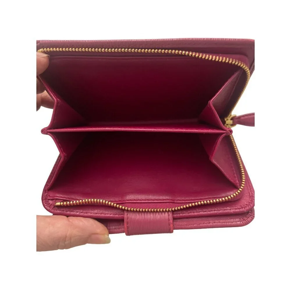 Prada Red Epi Leather Compact Wallet With Gold-Tone Zip & Snap Closure